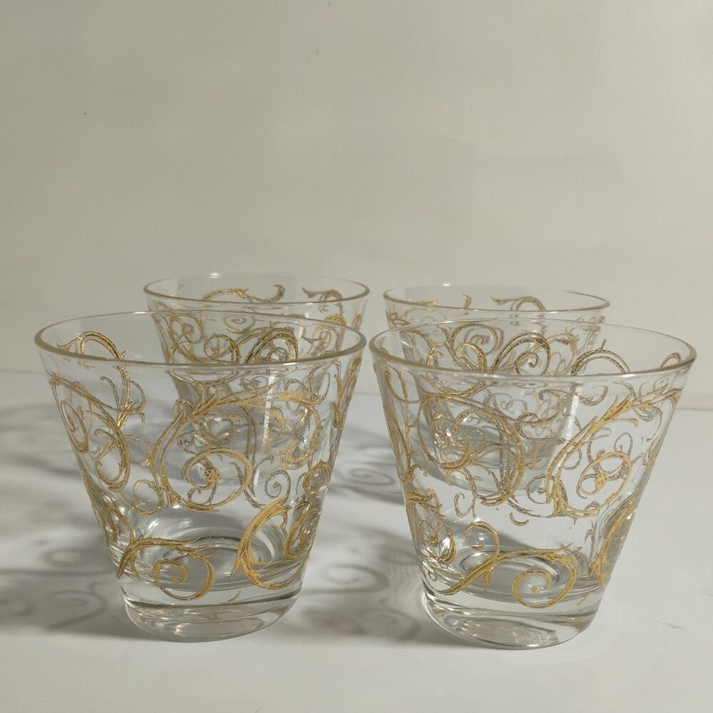 Vintage Mid Century Modern 3" Cocktail Hi Ball Rock Glass w/Gold Design Set of 4